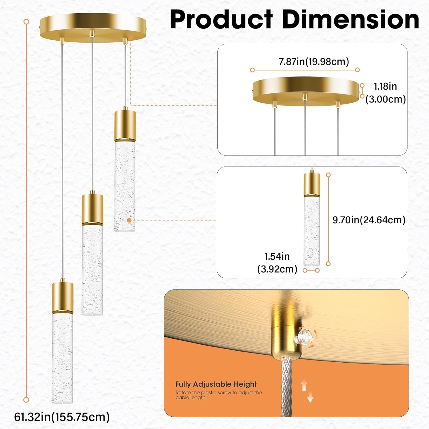 Pendant Lights Kitchen Island 3-Light, 6500K Modern Kitchen Island Lights Ceiling Lighting Fixtures with Crystal Bubble, Integrated LED Cold White Hanging Light Dining Room Light Brushed Gold