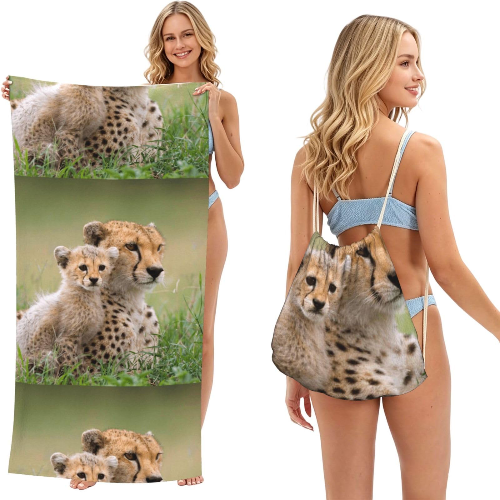 Poadnly As Picture Wild Animal Cheetah, 2 In 1 Packable Towel Bag, Beach Towels With Drawstring Backpack For Travel Holiday Camping