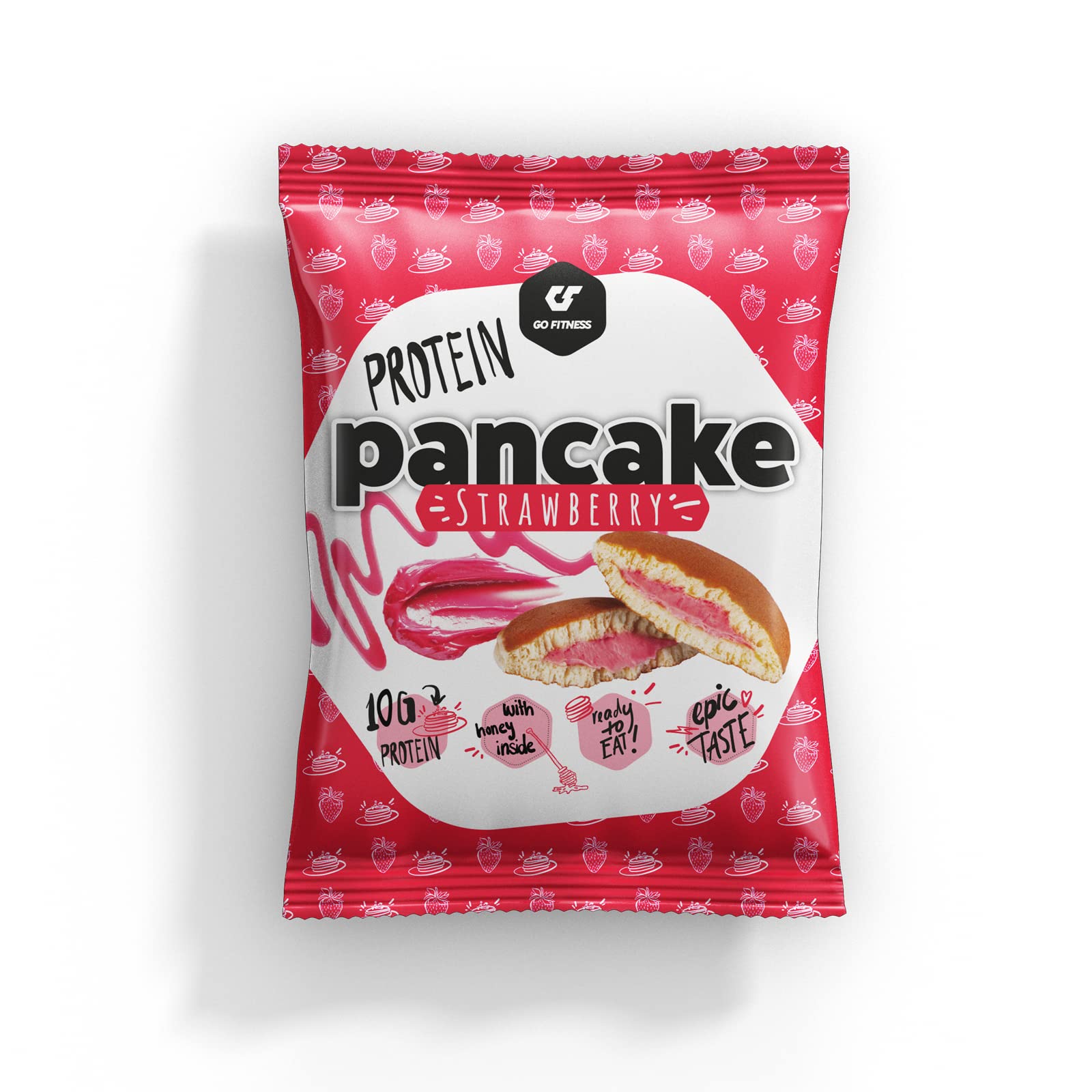 Go Fitness Protein Pancakes - [12 x 50 gramm ] Erdbeere High Protein Snack, frisch gebacken & extrem lecker - Eiweißriegel alternative mit 13g Eiweiß pro Pancake