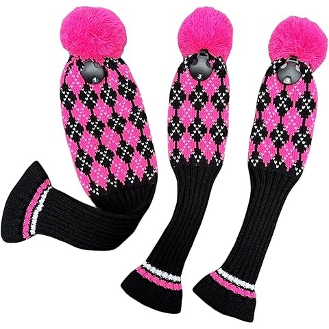 3pcs Knit Pink Golf Club Head Covers, Golf Driver 3 5 Fairway Woods Covers, Pom Pom Golf Wood Headcovers Covers for Driver, 3 5 Woods Women