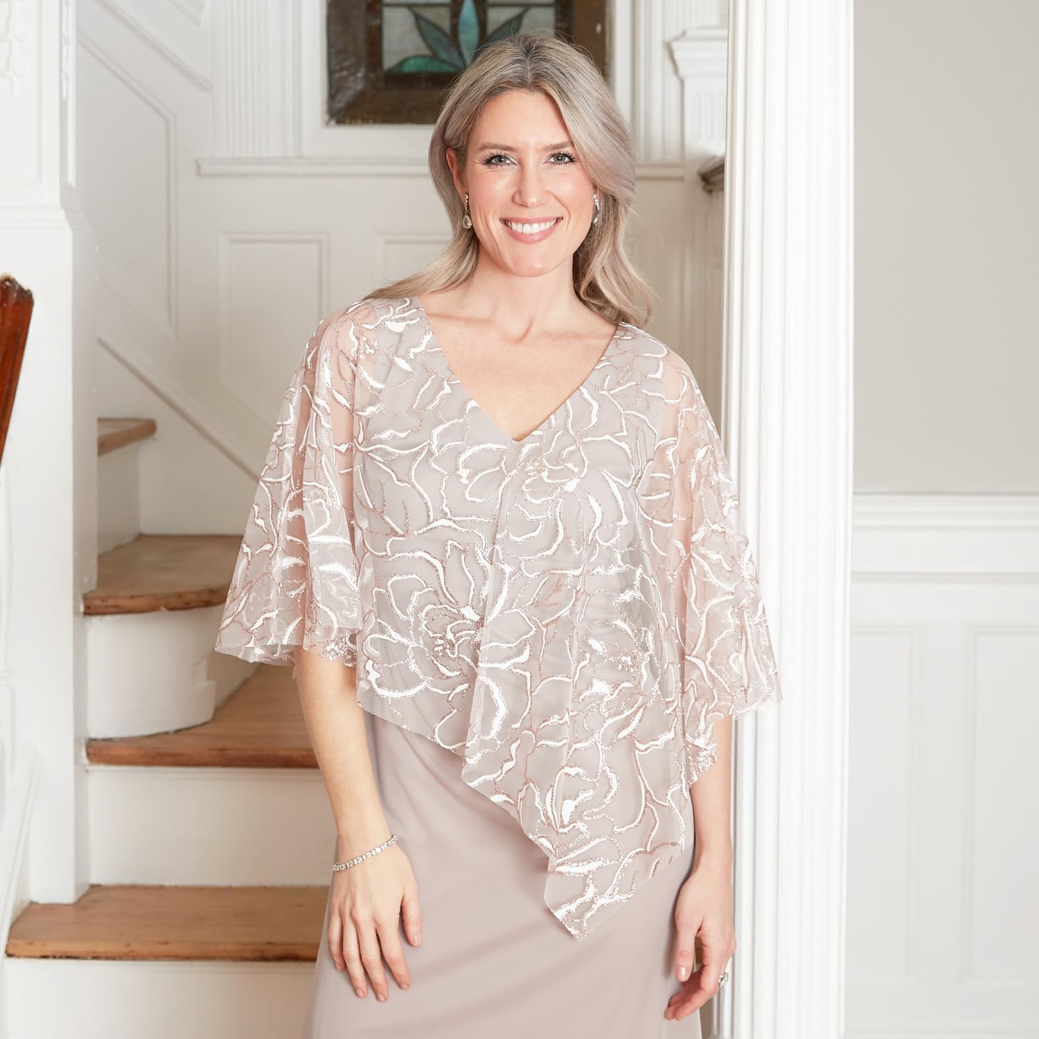 S.L. Fashions Women's Long Floral Shimmer Overlay Cape Gown, Formal Event, Wedding Guest Dress (Petite and Regular Sizes)