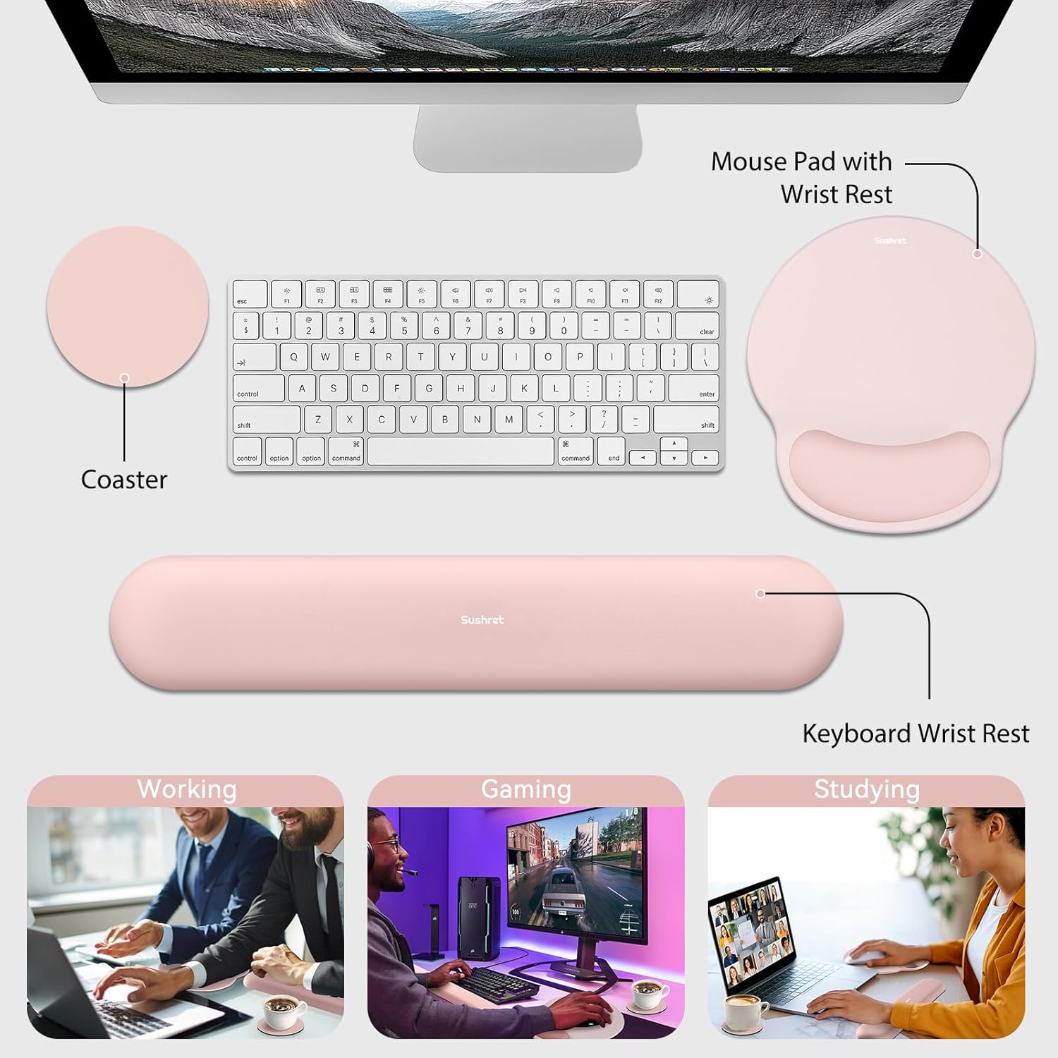 Mouse Pad and Keyboard Wrist Rest, 3-in-1 Gel Memory Foam Ergonomic Mouse Pad with Wrist Rest Set, Gaming Mousepad Arm Cushion Support for Computer Office Desk Accessories Cute Setup, Pink - Image 6