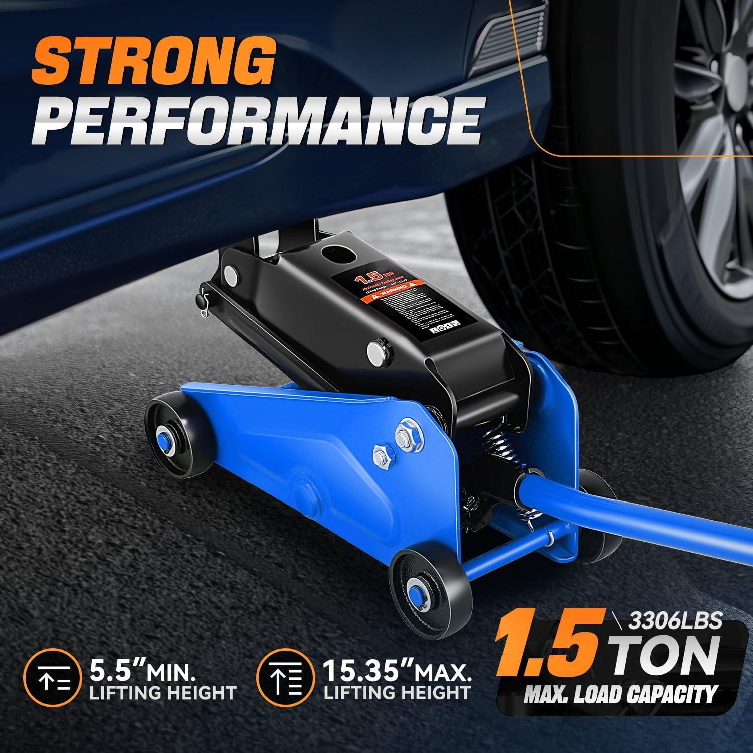 Auto Dynasty 1.5 Ton Floor Jack, Heavy Duty Steel Hydraulic Car Jack with Single Piston Quick Lift Pump, Hydraulic Racing Floor Jack, Lifting Range 5.5" to 15.35", Blue