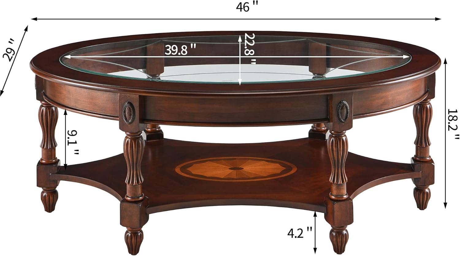 MODERION Traditional Coffee Table with Tempered Glass Top and Storage Shelf, Farmhouse Living Room Solid Wood Frame,Oval Cocktail Center for Home, Easy Assembly Cherry Walnut KFZ1533GT