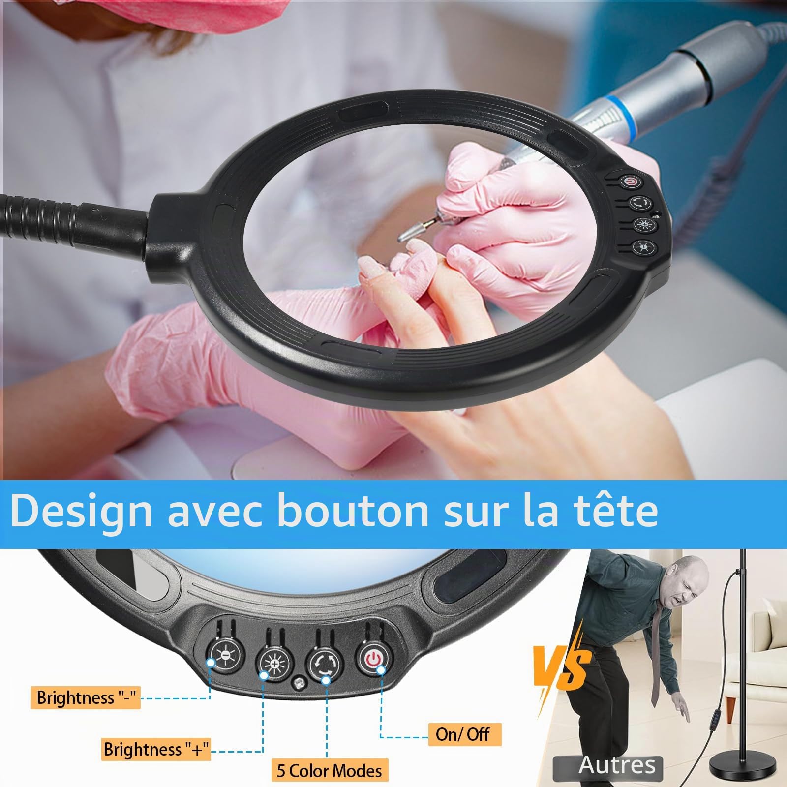 GABORISH 10 loupes sur pied avec lumière et support, lampe loupe 3 en 1 avec 54 LED, lampe loupe flexible avec col de cygne avec pince, 5 modes de couleur, luminosité à intensité variable, loupe de