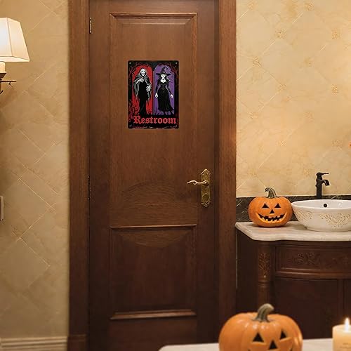 Miniatura 2 de Letrero de decoración de baño de Halloween, letrero de metal de la muerte y la bruja, decoración gótica de baño y arte de pared, decoración de