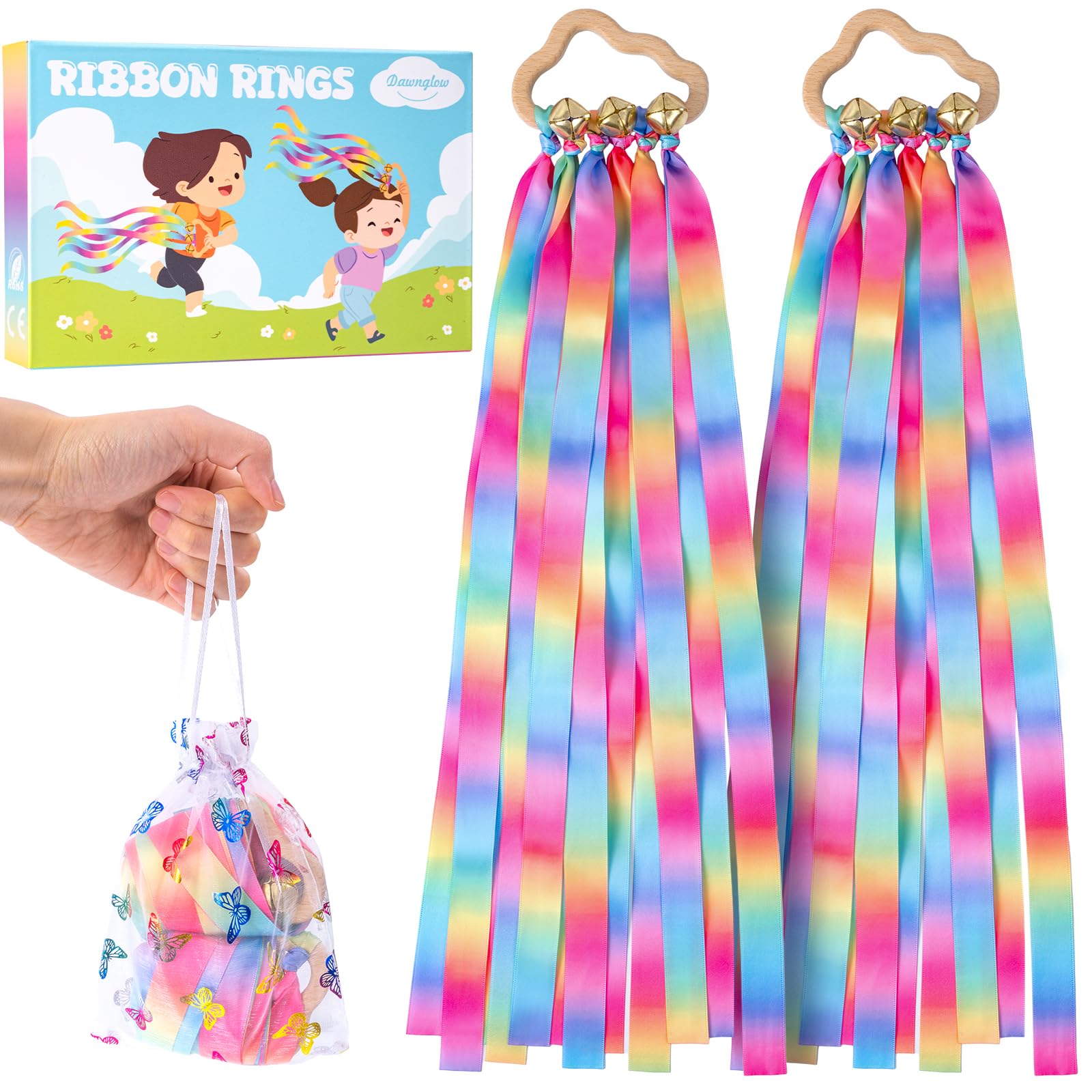 Dawnglow 2Pcs Ribbon Hand Kites, Dancing Ribbons, Rainbow Dancing Streamers with Wood Ring and Bells for Artistic Dance, Gymnastics, Entertainment, Decoration and Party