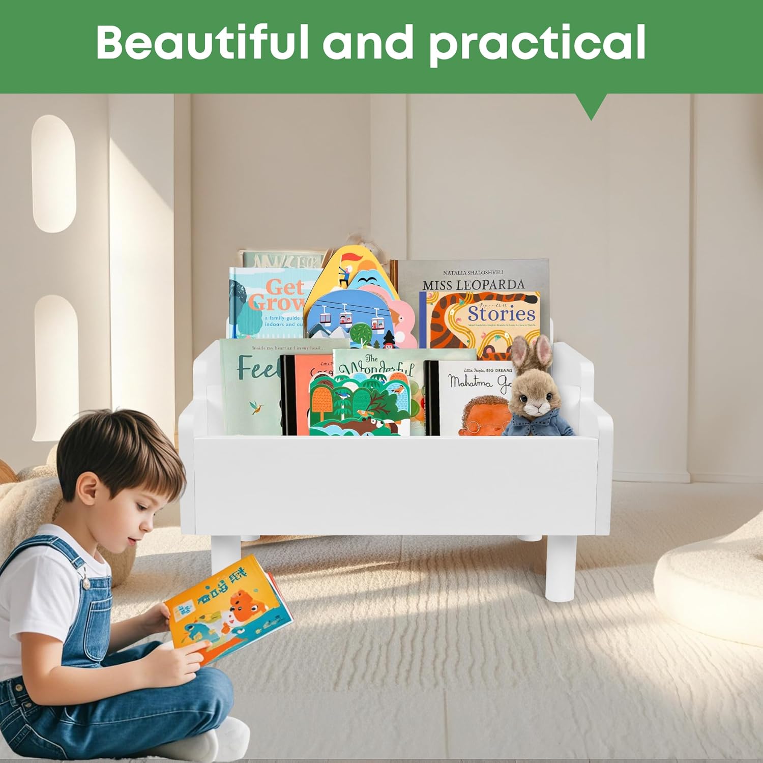 PHOENANCEE Kids Bookshelf,Montessori Bookshelf Small for Toddler,Baby Book Shelf Caddy with Divider,Toddler Book Storage Holder Container Wooden for Playroom,Kids Room,Nursery,Classroom,Pine (White) - Image 5