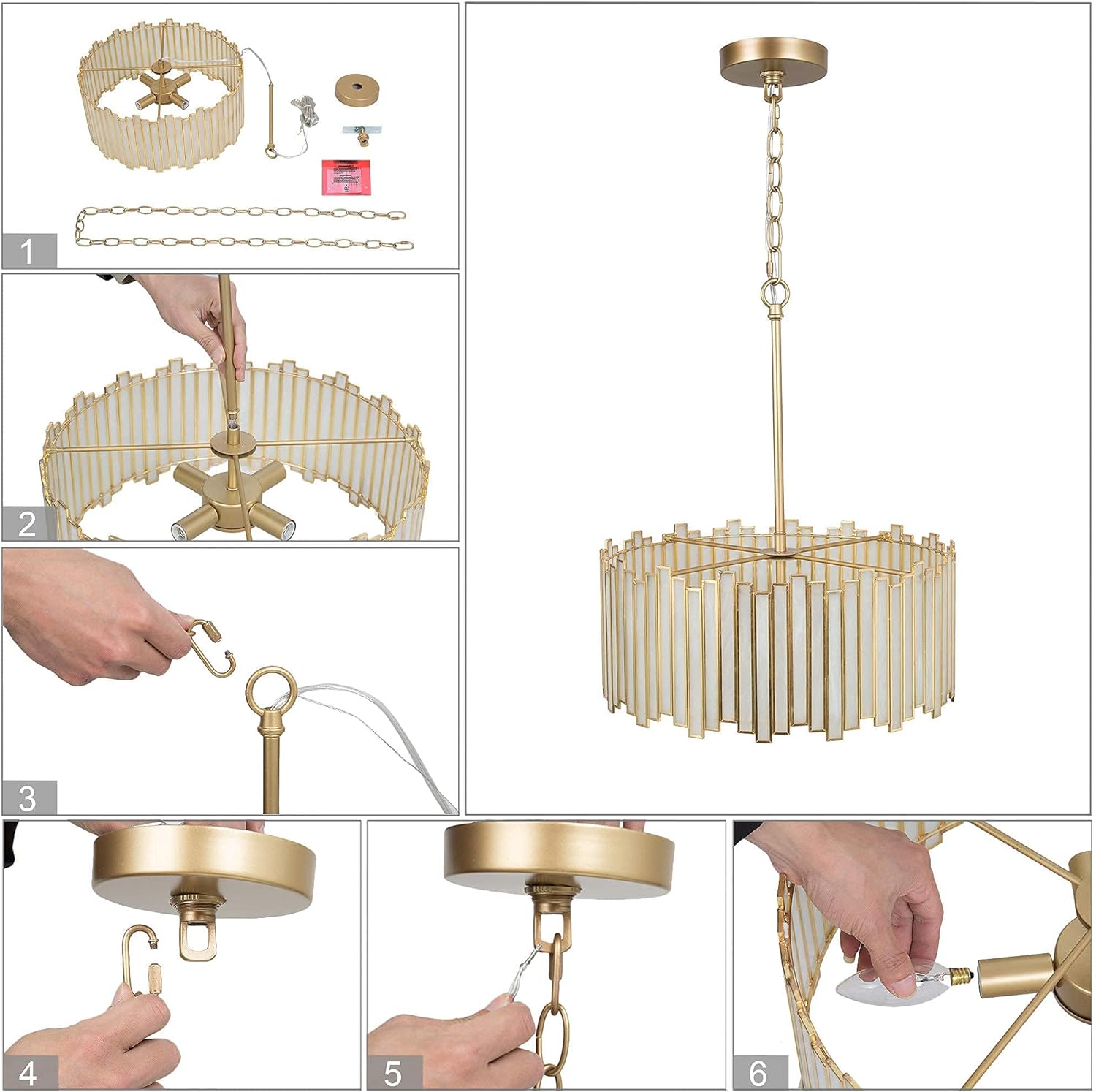 Durent Lighting Gold Drum Chandelier 4-Light Modern Drum Pendant Lighting Fixture with Cream Glass Shade, 16” Round Ceiling Hanging Light for Bedroom Dining Room Kitchen Foyer Entryway Living Room