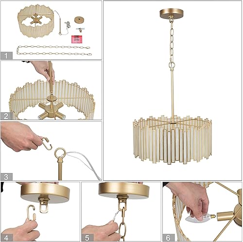 Miniatura 8 de Durent Lighting Candelabro de tambor dorado de 4 luces moderno con pantalla de vidrio Tiffany, lámpara colgante de techo redonda de 16 pulgadas para