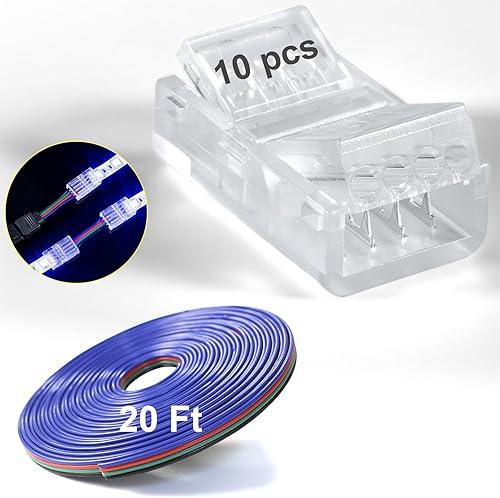 10 conectores de tira LED  Cable de extensión de conductor de 20 pies, conectores LED de 4 pines de 0.394 in para tiras de luces, conectores de tira