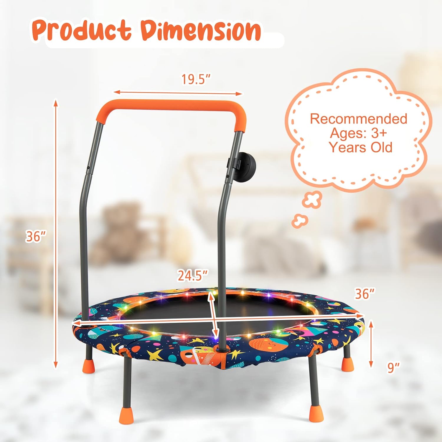Giantex 36" Trampoline for Kids, Mini Toddler Trampoline w/Colorful LED Lights & Bluetooth Speaker, Small Rebounder Exercise Trampoline Indoor w/Foam Handle & Padded Cover for Kid Aged 3+