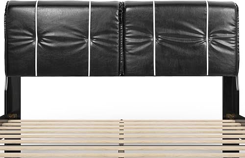 Miniatura 8 de BONSOIR Base de cama tamaño Queen tapizada de perfil bajo con cabecera de piel sintética, no necesita somier, no necesita falda de cama (blanco)