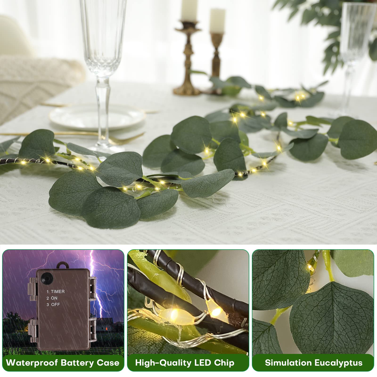 Guirnalda de luces decorativas de 1,8 m, 96 luces LED, guirnalda de eucalipto, luces LED de vid, funciona con pilas, con temporizador para chimenea, boda, fiesta, vacaciones, interiores y exteriores