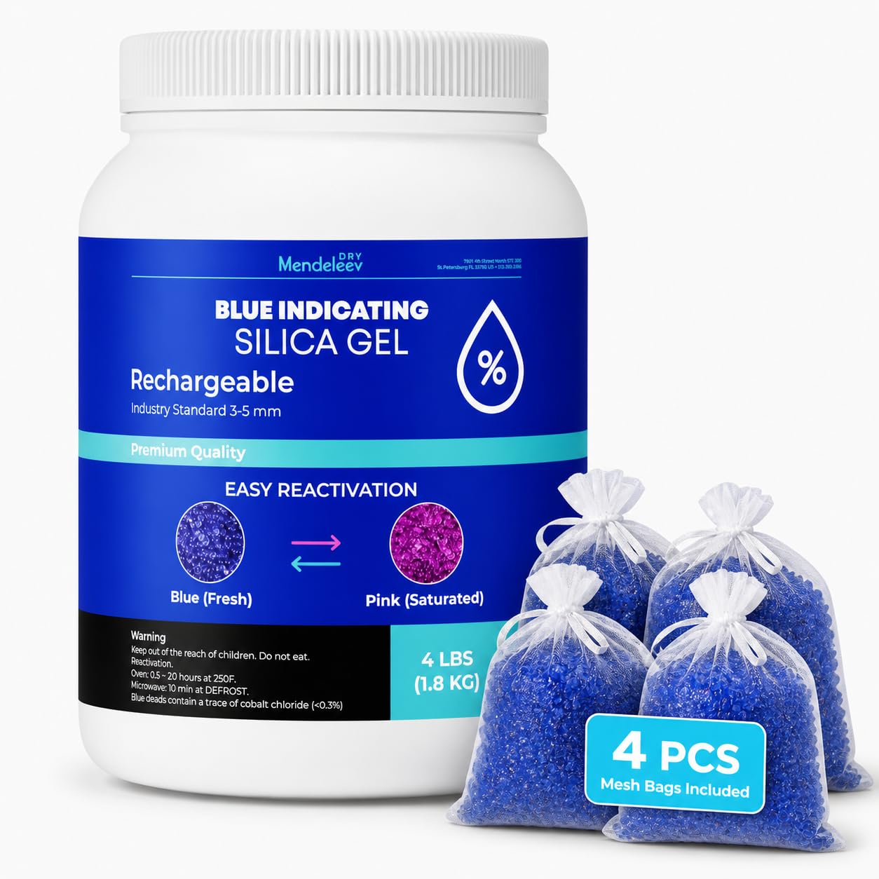 Perlas desecantes azules de 1,8 kg – Perlas de gel de sílice indicativas para secar perlas de sílice reutilizables, deshumidificador de gel de sílice