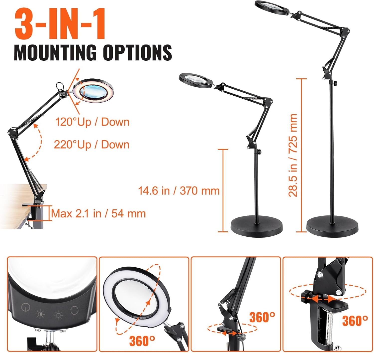 VEVOR Magnifying Floor Lamp - 5X Height Adjustable Floor Standing Magnifying Glass 3-in-1 LED 5 Color Modes Stepless Dimmable with Flexible Arm for Reading Craft