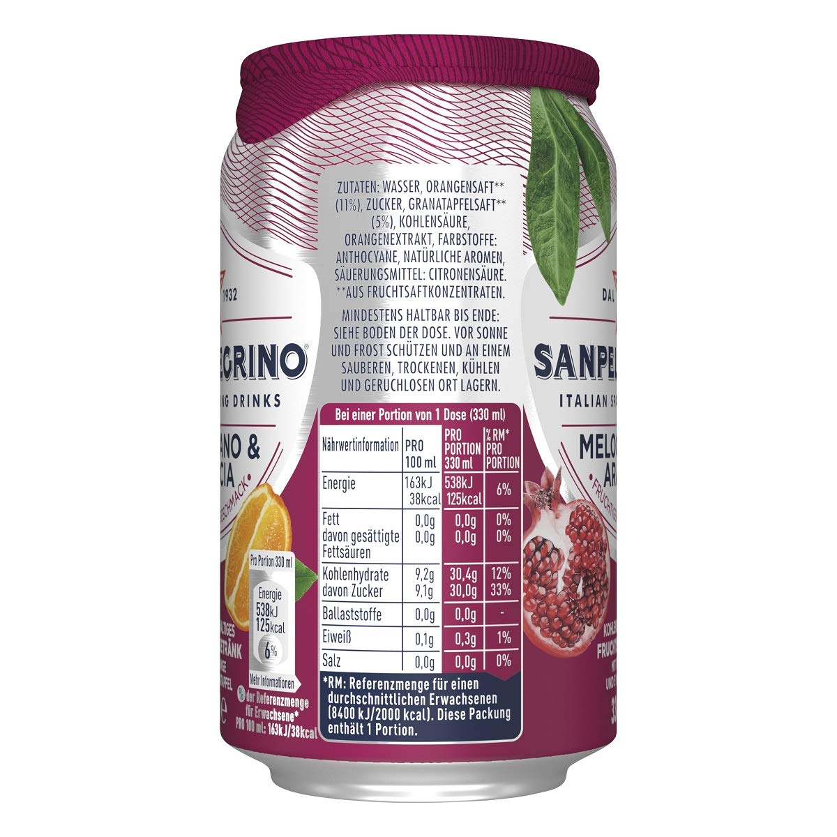 Sanpellegrino Limonade mit Orange und Granatapfel, Melograno & Arancia, Hoher Fruchtanteil 16% aus Orangen und Granatapfel, Prickelnd süße Geschmacksnote, 24er Pack (24 x 0,33l) Einweg Dosen