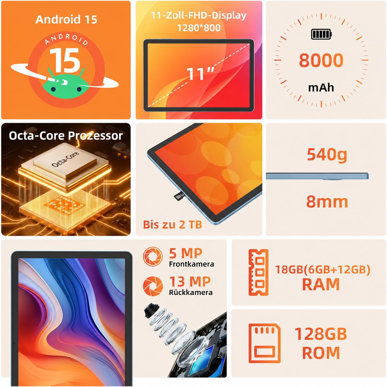 AWOW Tablet 11 Zoll mit Tastatur: Android 15 8000mAh Octa-Core 18GB+128GB 2TB TF Tablet PC - WiFi 6 BT 5.2, 13MP+5MP Kamera mit Maus, USB C, Adapter, Hülle, OTG-Adapter, Stift, Schutzfolie