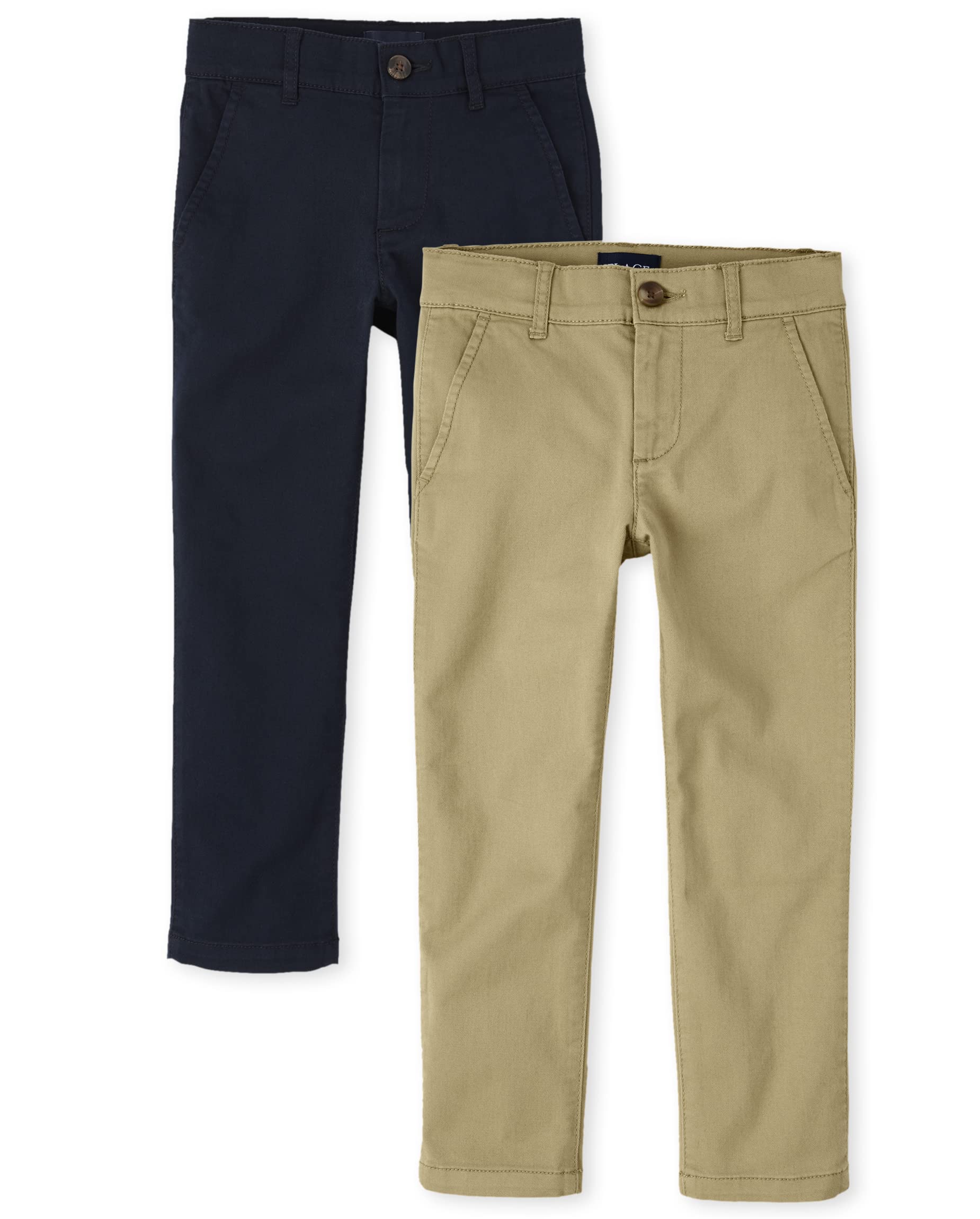 The Children's Place Boys' Stretch Skinny Chino Pants, New Navy/Flax 2-Pack, 14