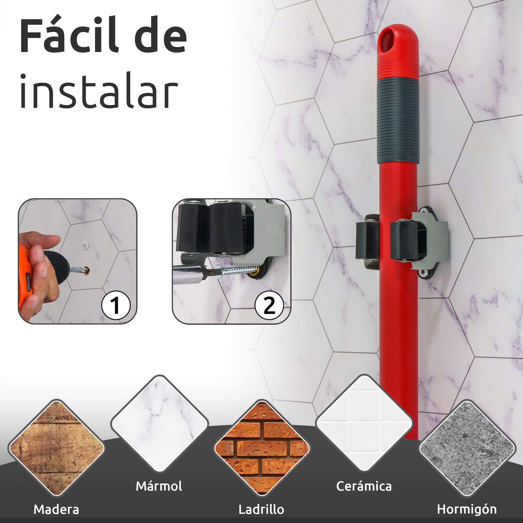 ECENCE 8 Piezas Colgador Escobas y Fregonas, Soporte Escobas Pared para Palas y Herramientas de Jardín, Acero para Muelles, Gris