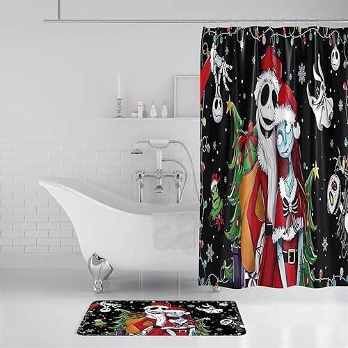 Miniatura 5 de NIGHTMARE BEFORE CHRISTMAS Juego de 4 cortinas de ducha de baño con alfombras, diseño de dibujos animados de Jack Skellington y Sally, juego de