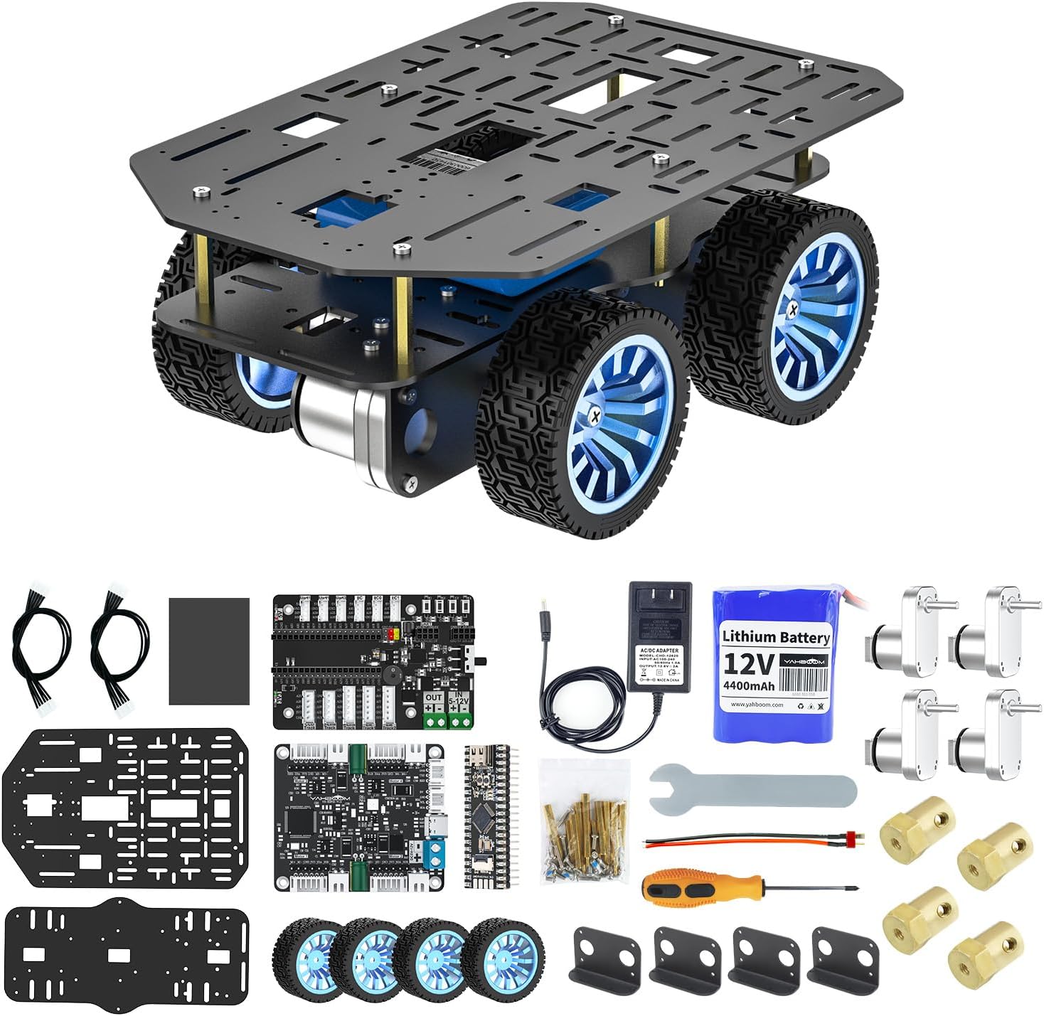 Yahboom 4WD Smart Chassis Car Kit with Aluminum Alloy Chassis,520 Encoder Motor,65mm Wheels,Robotic Moving Platform (Black, Unassembled) with Battery