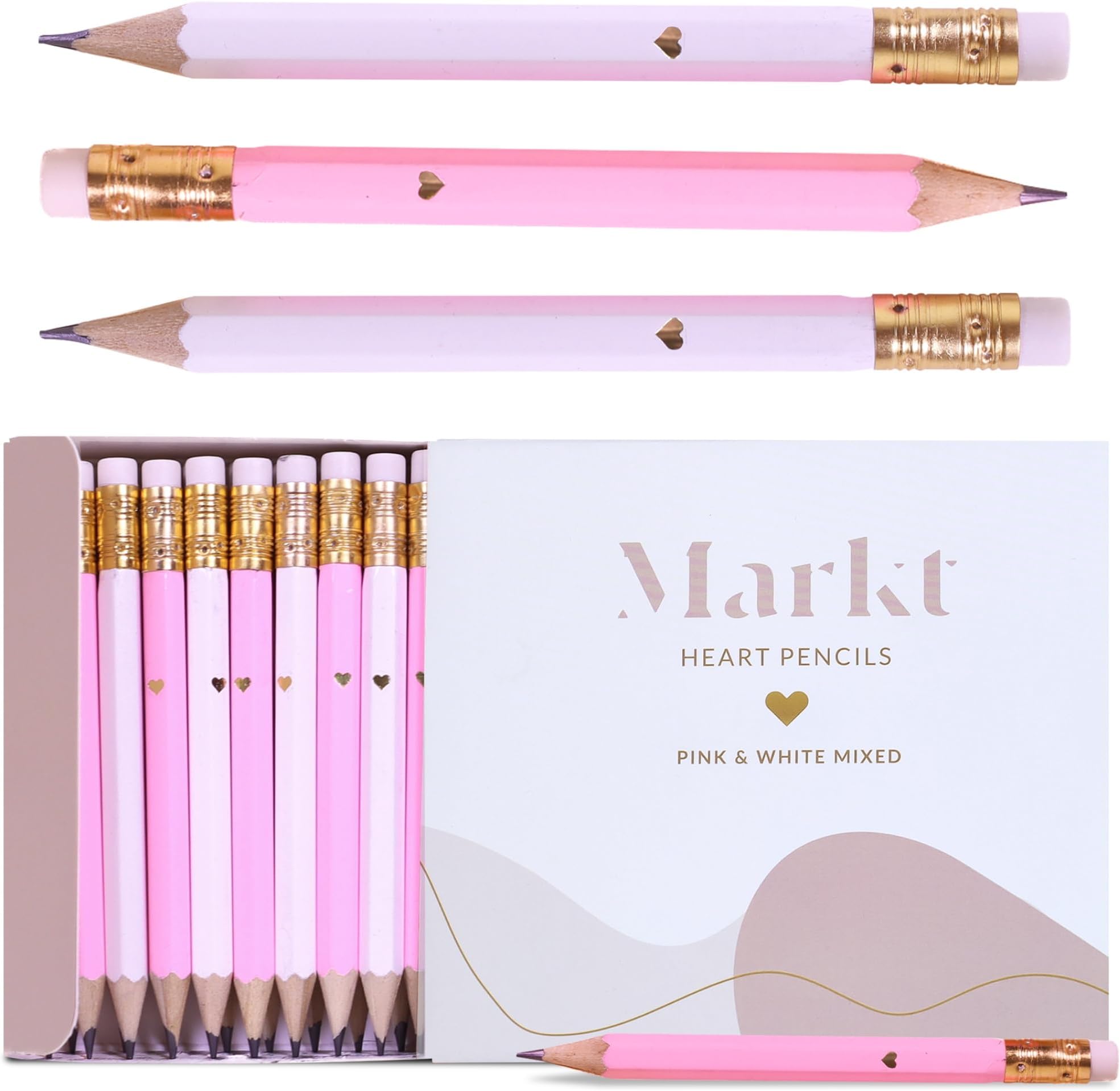 Heart Pencils for Baby Shower Games and Bridal Shower Games, Mini Pencils, Small White & Pink Pencil Set For Game Prizes, Bridal Pens (Pink & White)