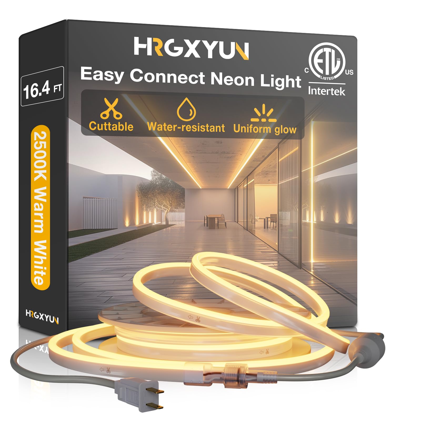 Cuerda de luz LED de 110 V, regulable de 15 pies, de neón y fácil de conectar, tira de luz de neón comercial resistente al agua, con certificación ETL, luces LED de neón blancas cálidas para