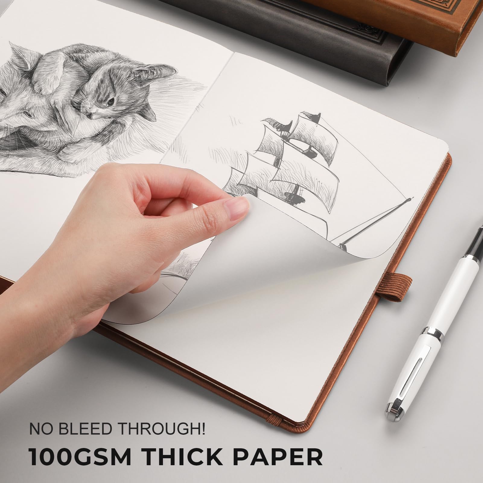 RETTACY A5 Blank Notebook, Hardcover Leather Plain Paper Notebook, 320 Numbered Pages Sketchbook, Inner Pocket, 100gsm Paper - Image 4