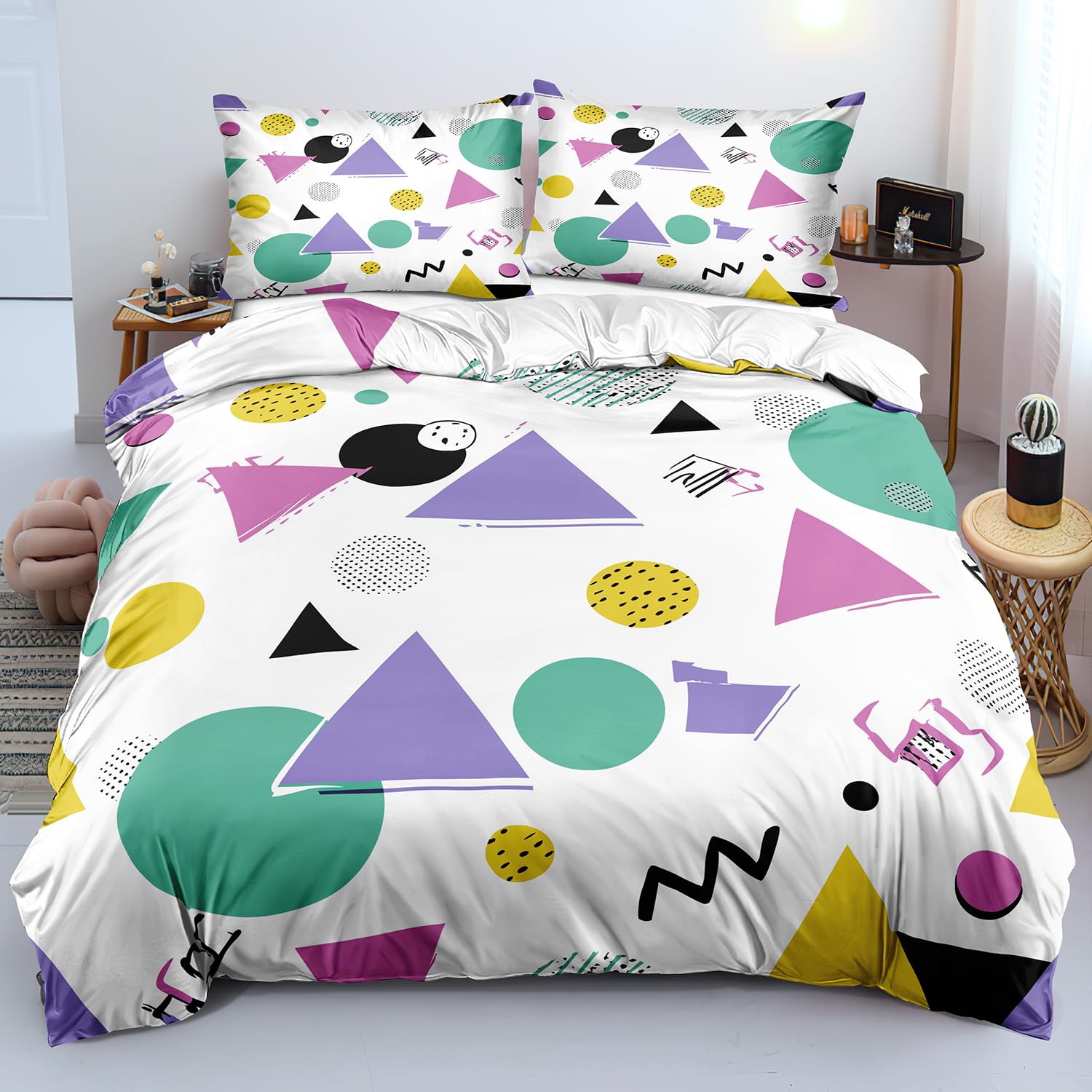 Housse de couette géométrique colorée 140x200 parure de lit blanche dessin animé moderne