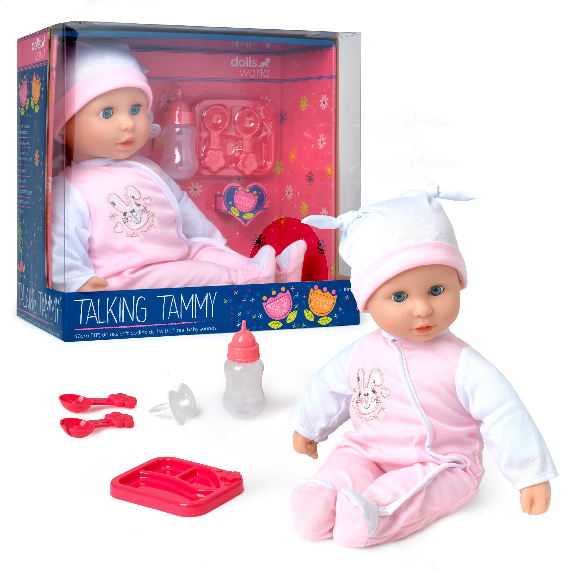 Dolls World from John Adams | Talking Tammy 46cm Soft Bodied Doll with 21 Sounds & Sleeping Eyes | Includes Outfit, Bottle, Dummy & Feeding Set | Interactive Baby Dolls with Accessories for 18 Months+