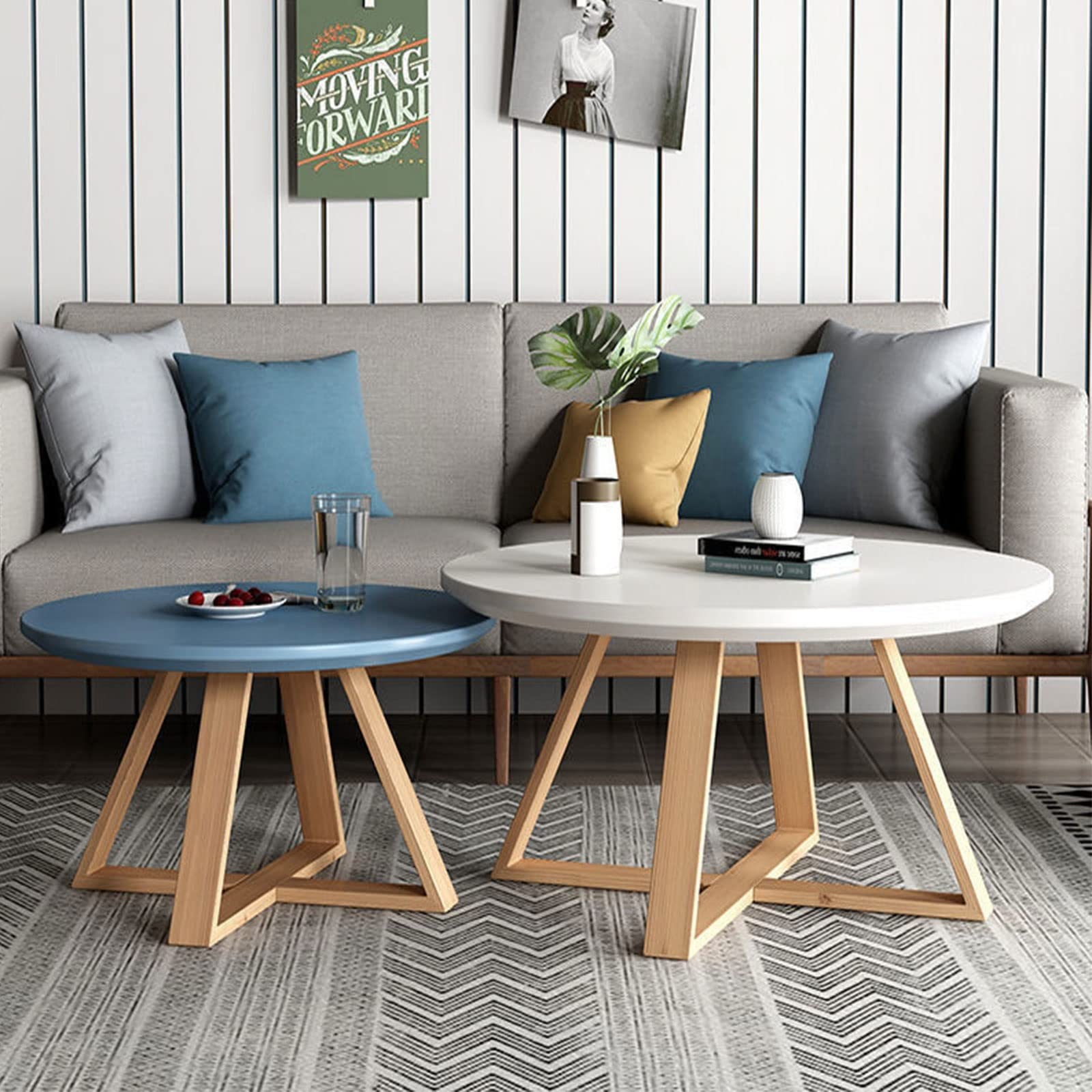 Klydbmyt White+Blue Modern Minimalist Nesting Coffee Tables Set Of 2 White And Blue Round Small End Tables For Living Room Bedroom Balcony Sturdy And Easy Assembly 80Cm+ Size