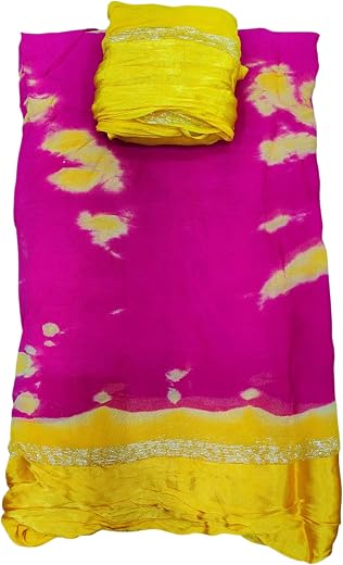 PAREEK COLLECTION Women's Pure Viscose Georgette Fabric Big Satin Patta Jaipuri Batik Rangoli Dyeing Saree with Blouse Piece
