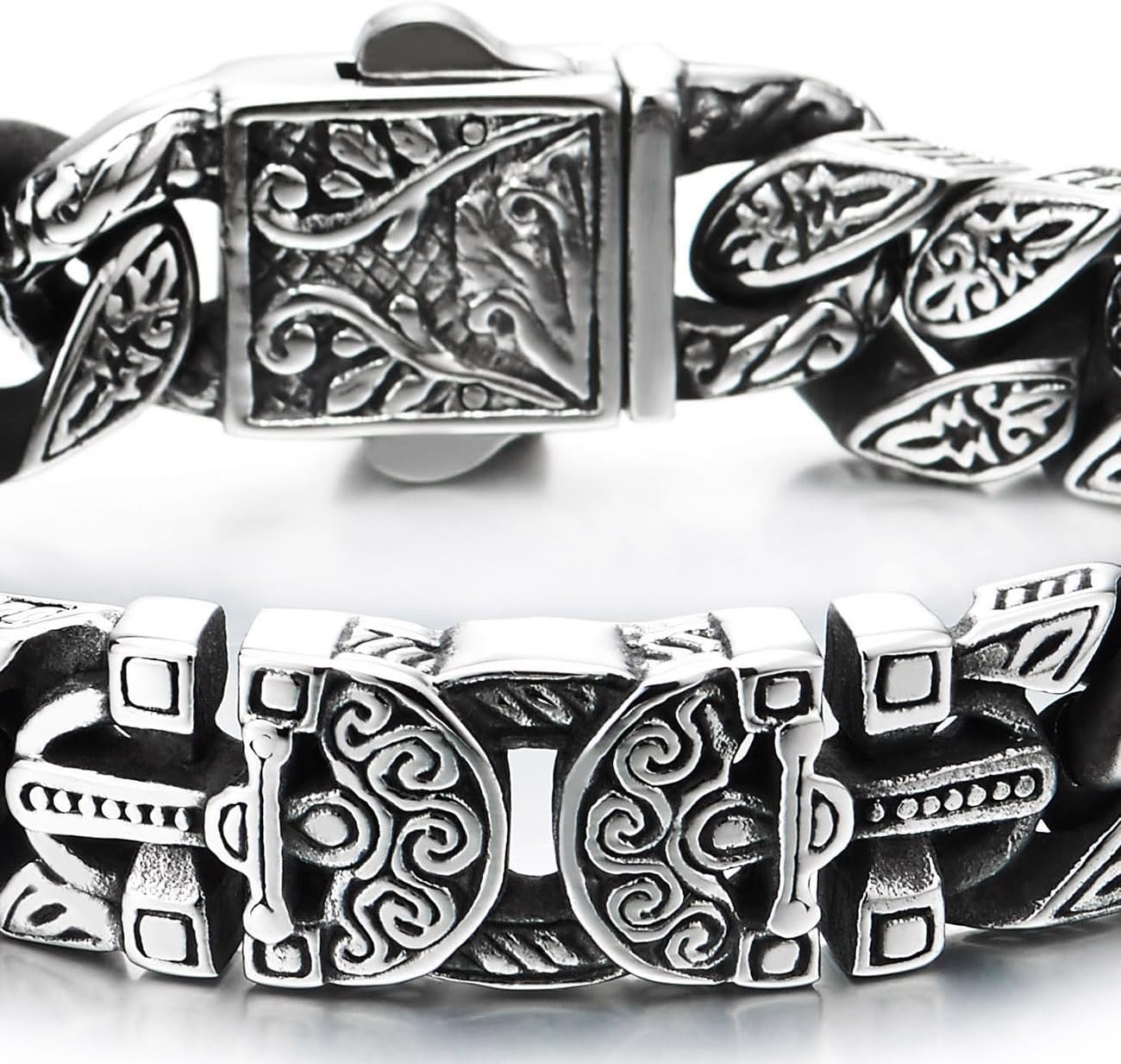 COOLSTEELANDBEYOND Men's Stainless Steel Norse Scroll Curb Chain Bracelet, Antique Celtic Warrior Bangle, Embossed Relic-Style Jewelry Gift for Him - Image 3