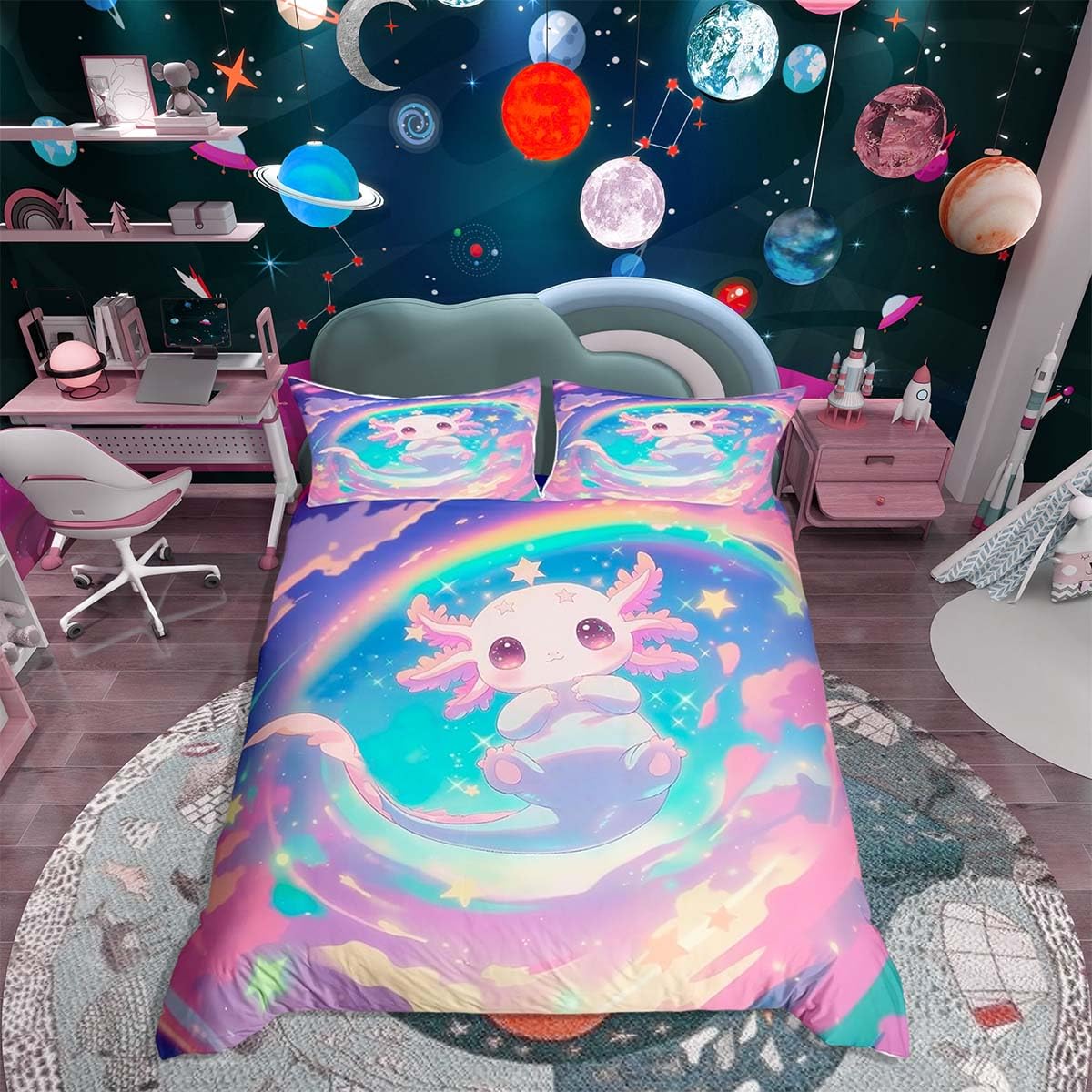 Homemissing Cute Axolotl Duvet Cover Salamander Bedding Set for Kids Boys Girls Ocean Animal Comforter Cover Rainbow Bedspread Cover Bedroom Collection 2Pcs Cot Size — image 1