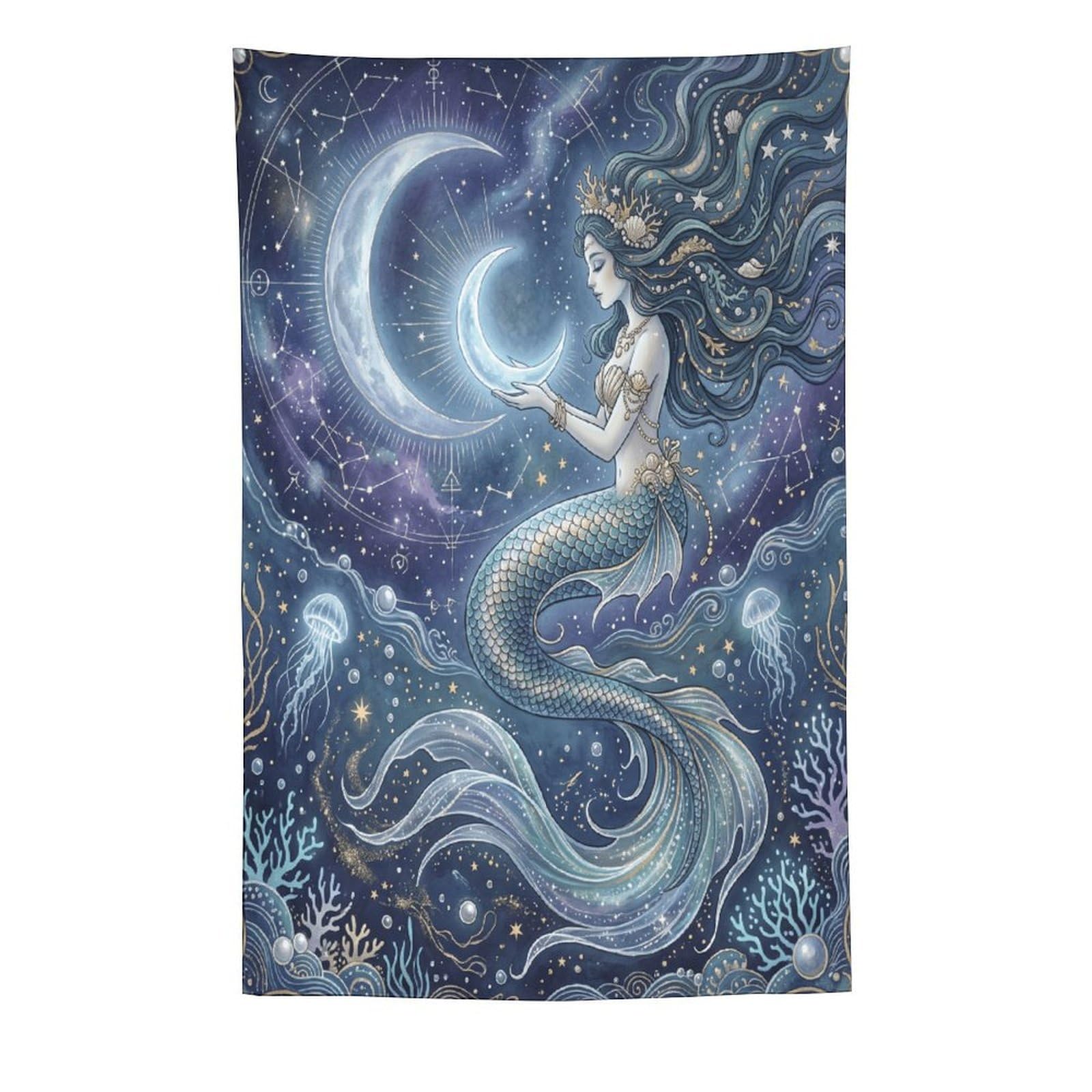 H3B8U2Y5 Crescent Moon Mermaid Wall Tapestry, Art Nouveau Fantasy