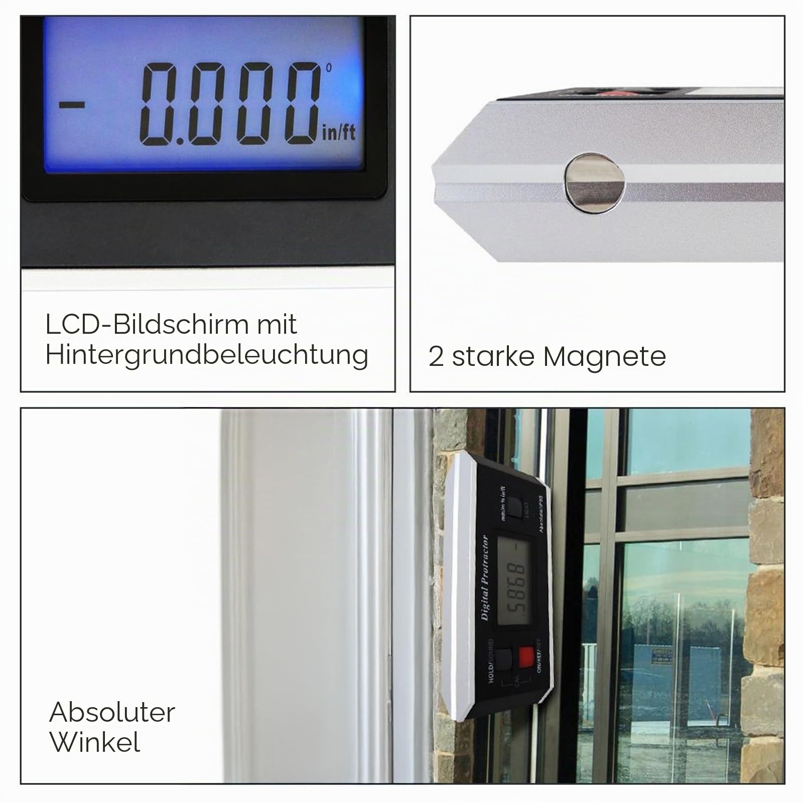 Digitale Winkelsucher Magnetische Winkelmesser Neigungsmesser Winkel Pegel Meter Werkzeug Digitaler Winkelmesser Schräge für Holzbearbeitung, Tischsäge, Bau V-Nut 0 ~ 360 Grad mit