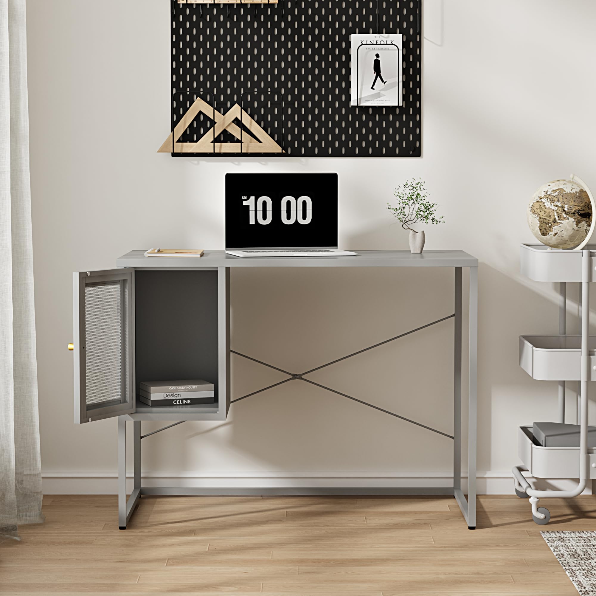 [en.casa] Scrivania in Acciaio con Scomparto Sospeso Chiuso con Anta Traforata Tavolo da Ufficio Studio Officina Postazione di Lavoro 75 x 100 x 50 cm Grigio