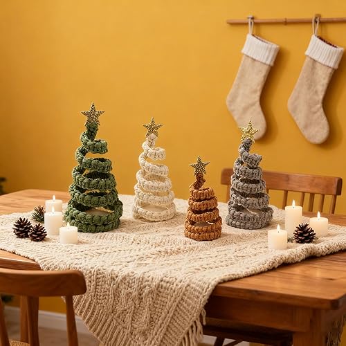 Miniatura 4 de 4 piezas de decoración de mesa para árbol de Navidad, árboles de Navidad de mesa con estrella con purpurina, centro de mesa de estilo rústico para