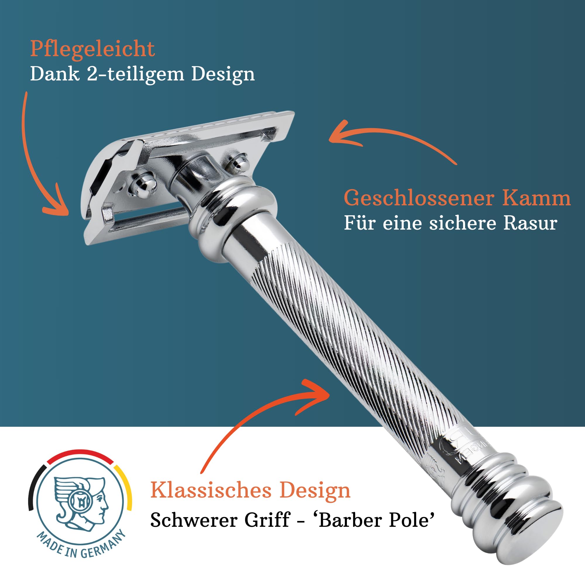 MERKUR Rasierhobel 38C | Barber Pole Glanzchrom | Zweiteiliger Rasierer mit geradem Schnitt | Geschlossener Kamm | Ideal für Nassrasur | Zinkdruckguss | Messing Griffstück | Made in Germany