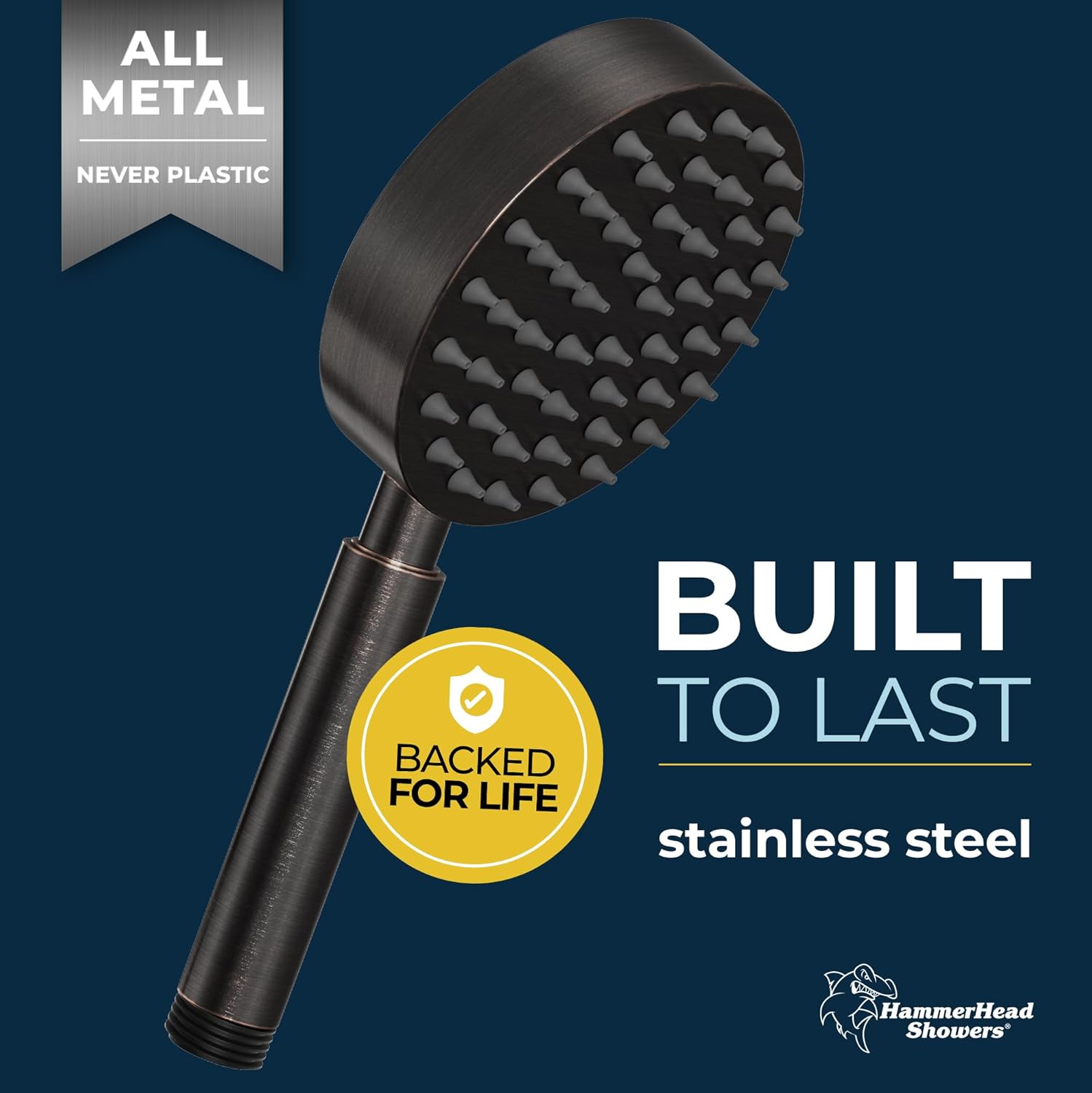 HammerHead Showers® Solid Metal Hand Held Shower Head - OIL RUBBED BRONZE - 1.75 Low Flow Shower Heads 4 Inch Spray Wand | Made from 304 Stainless Steel with Silicone Nozzles