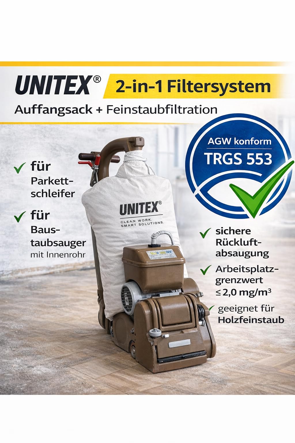 5x Staubsack & Filtersack 2-in-1 für Baustaubsauger & Parkettschleifer – TRGS 553 & BG Bau konform – Reißfester Einweg-Beutel für Lägler, Bona, Bosch, Kärcher WD, Industriesauger & Entstauber