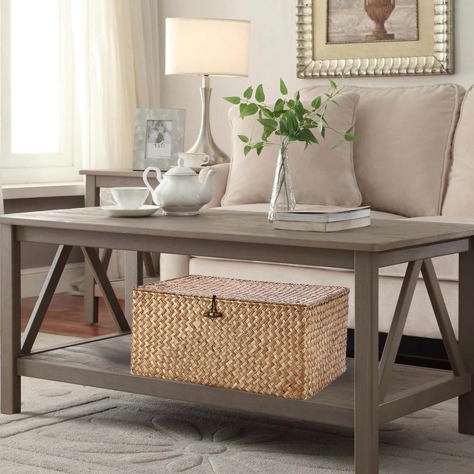 IGNPION - Cesto portaoggetti in vimini con coperchio, cesto da scrivania in vimini intrecciato, rettangolare, organizer da bagno, scatola decorativa per sotto mensole del soggiorno, cesto portatutto