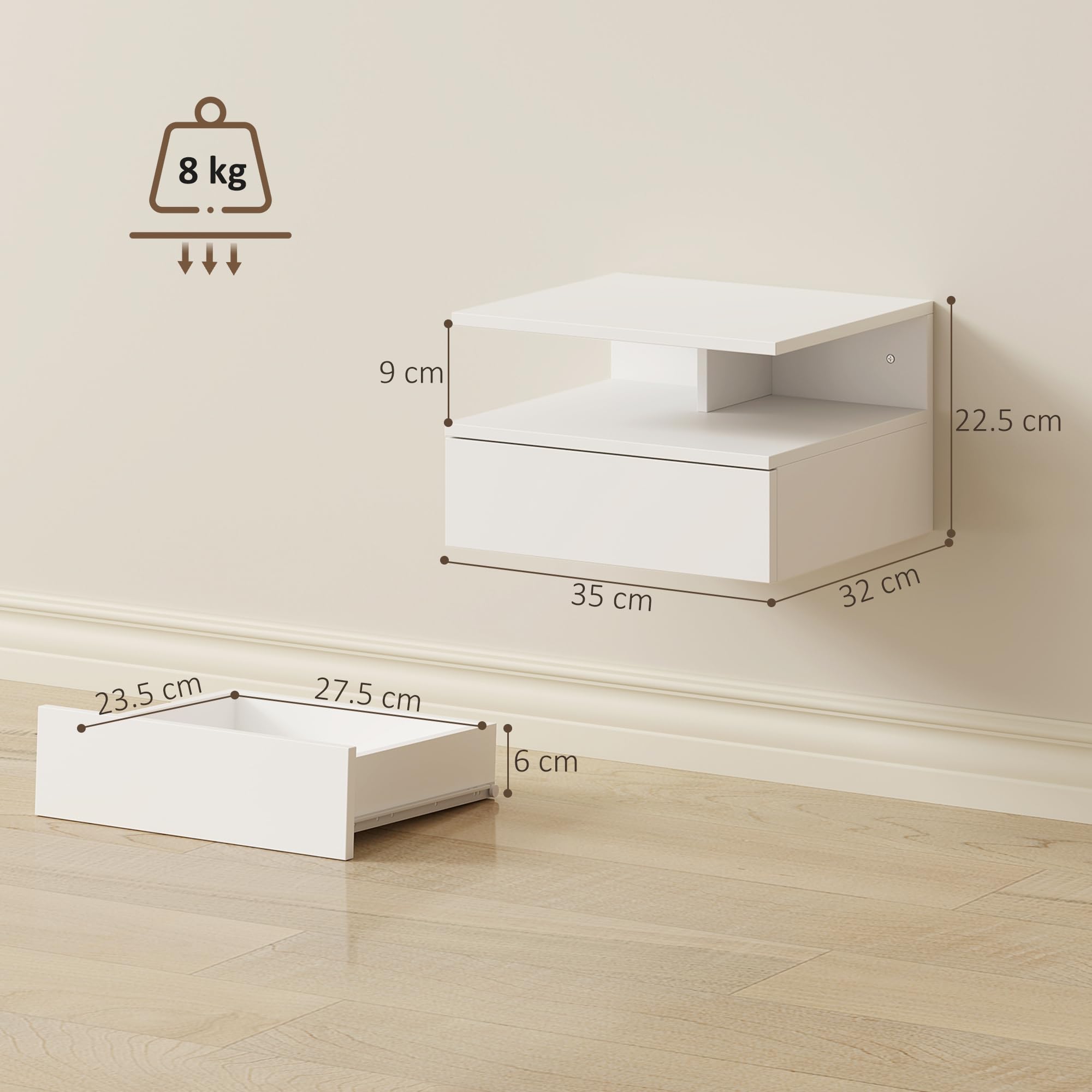 HOMCOM Set di 2 Comodini Camera da Letto Sospesi con Cassetto e Scomparto Aperto, Coppia di Comodini Moderno in Legno, Tavolini per Divano, Soggiorno, Salotto e Camera, 35x32x22.5 cm, Bianco