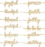 Vista 10 de 12 piezas de letreros de madera con palabras navideñas recortadas "Joyful Merry Thankful Grateful Blessed Peace Gather" para decoración de plato