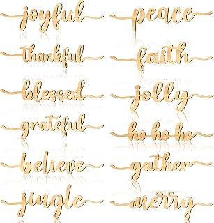 12 Pieces Christmas Word Wood Cutout Joyful Merry Thankful Grateful Blessed Peace Gather Word Sign Christmas Plate Cutout Rustic Merry Signs for Home Table Plate Decoration