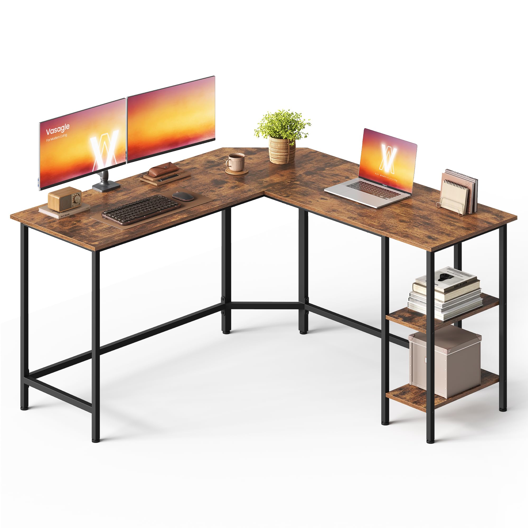 VASAGLE Scrivania per Computer a Forma di L, 138 x 138 x 76 cm, Scrivania ad Angolo con 2 Ripiani, per Ufficio Studio, Marrone Vintage e Nero LWD72X