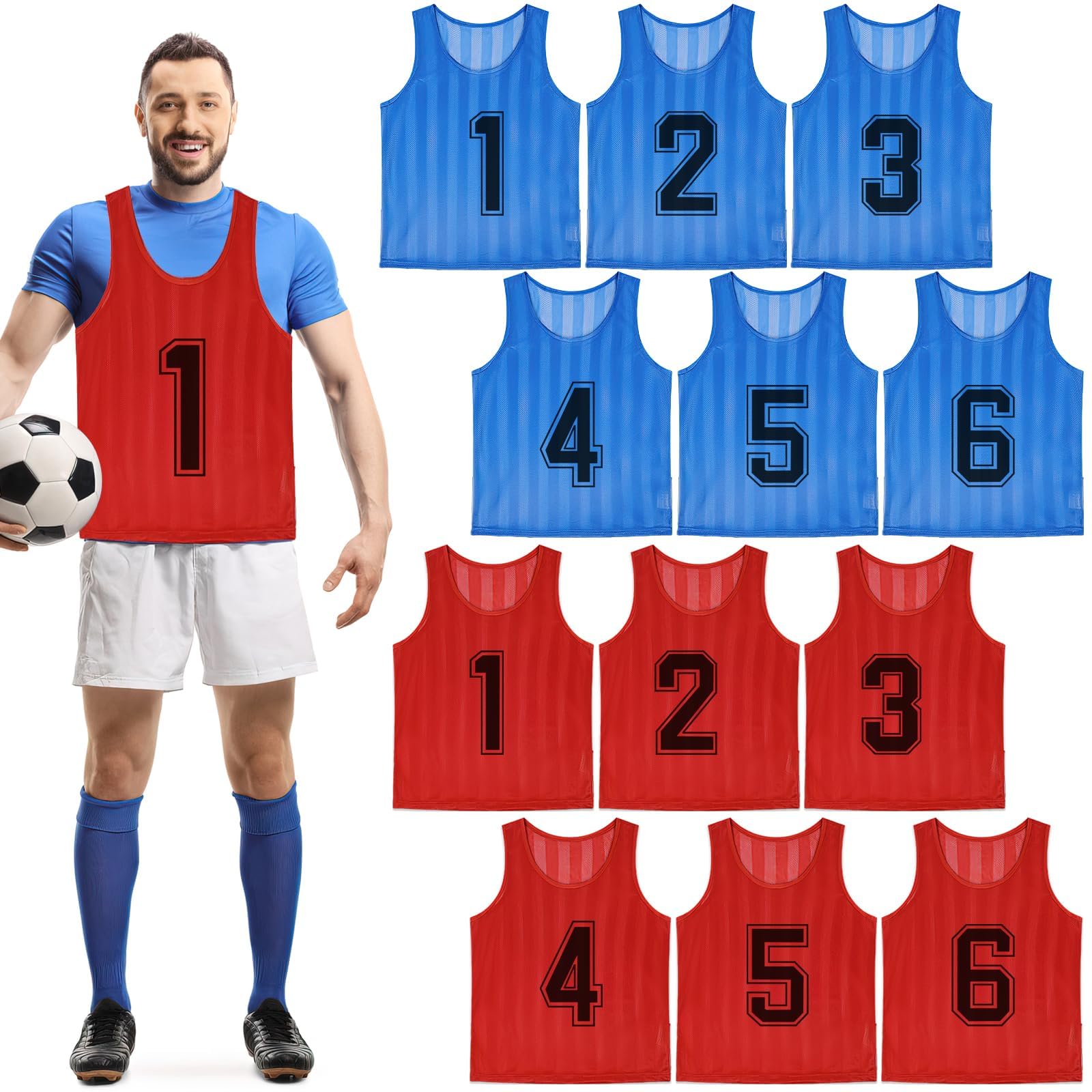 Lot de 24 dossards de football, de sport en maille pour enfants, gilet d'entraînement numéroté réversible pour football, basket-ball, volley-ball – Bleu et rouge, Bleu/rouge, S