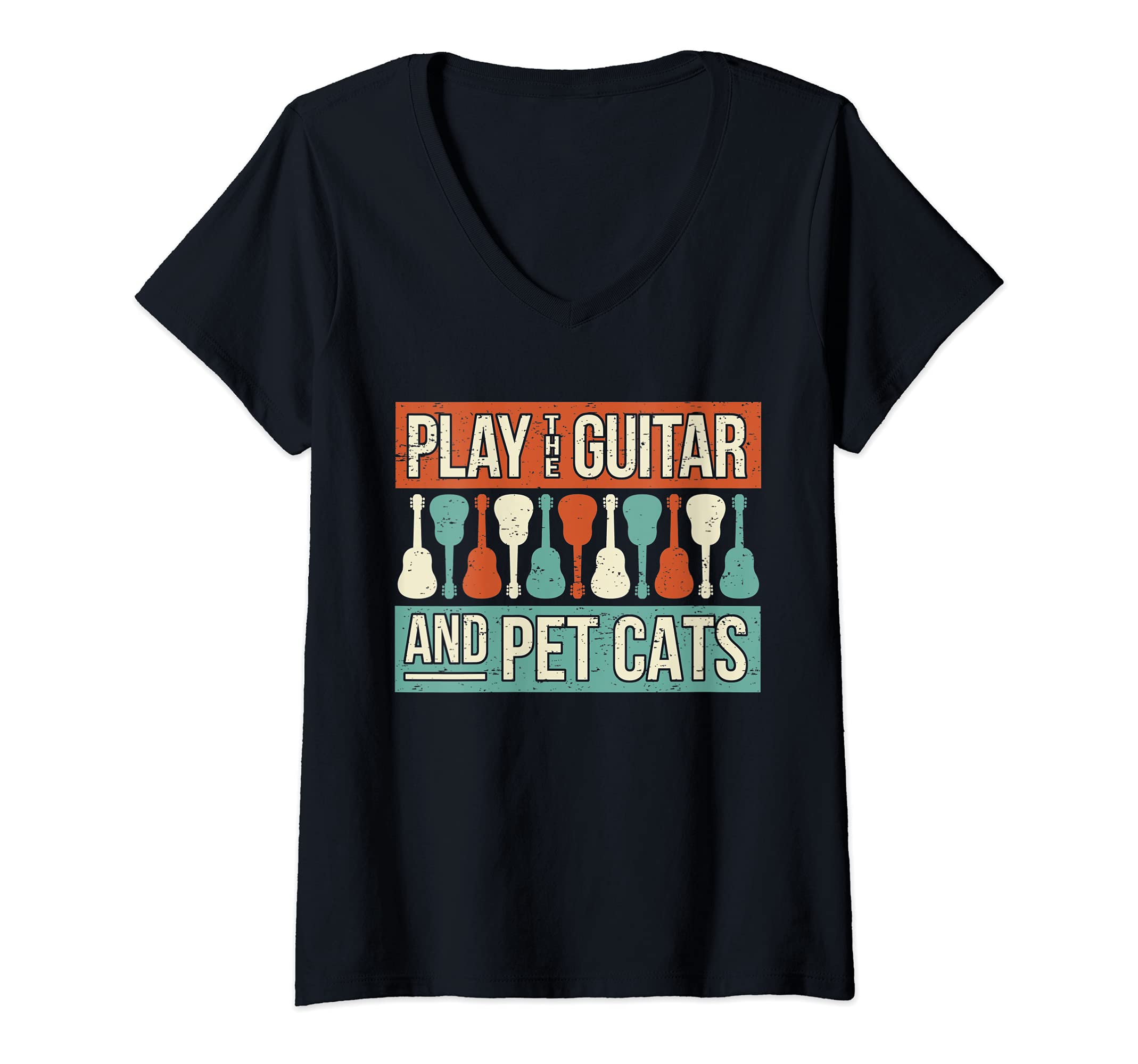 Womens Retro Cat Owner Guitar Player Saying Guitarist I Pet Cats V-Neck T-Shirt, Black