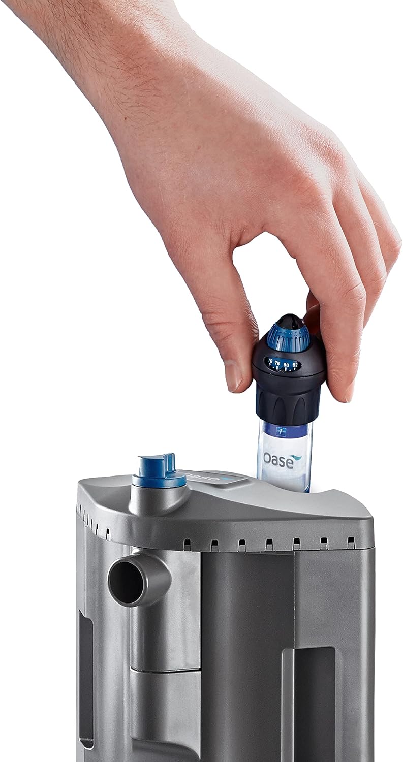 Hand inserting heater into OASE Bioplus Thermo filter